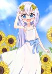  1girl :d arm_up bangs bare_arms bare_shoulders blue_bow blue_eyes blue_hair blue_sky blush bow cloud collarbone commentary_request day dress eyebrows_visible_through_hair fang flower hair_between_eyes hair_flower hair_ornament highres jiu_(sdesd3205) long_hair open_mouth original outdoors sky sleeveless sleeveless_dress smile solo summer sunflower sunflower_hair_ornament very_long_hair white_dress yellow_flower 