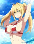  1girl ahoge armpits arms_behind_head arms_up bangs bare_shoulders beach bikini blonde_hair blue_sky blush breasts cleavage closed_mouth criss-cross_halter fate/grand_order fate_(series) green_eyes hair_between_eyes hair_intakes halterneck highres large_breasts long_hair look looking_at_viewer nero_claudius_(fate)_(all) nero_claudius_(swimsuit_caster)_(fate) red_bikini sky smile solo striped striped_bikini swimsuit twintails zeroshiki_kouichi 
