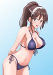  1girl ashigara_(kantai_collection) bikini blue_background blue_bikini breasts brown_eyes brown_hair cleavage commentary_request cowboy_shot front-tie_top gradient gradient_background hairband hiromon horned_headwear kantai_collection large_breasts leaning_forward long_hair looking_at_viewer navel ponytail side-tie_bikini smile solo swimsuit wavy_hair white_hairband 
