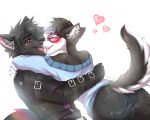  &lt;3 2019 5:4 5_fingers anthro black_fur canid canine canis clothed clothing domestic_cat domestic_dog duo felid feline felis female fingers fur male mammal open_mouth sheldondober simple_background smile teeth tongue white_background 