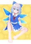  1girl akagashi_hagane bangs barefoot blue_bow blue_eyes blue_hair blue_skirt blue_vest blush bow cirno commentary_request eyebrows_visible_through_hair full_body hair_between_eyes hair_bow ice ice_wings looking_at_viewer miniskirt neck_ribbon parted_lips puffy_short_sleeves puffy_sleeves red_neckwear red_ribbon ribbon shirt short_hair short_sleeves sitting skirt solo touhou two-tone_background vest white_background white_shirt wings yellow_background 