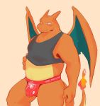  anthro anthrofied blush bodily_fluids bulge charizard claws clothed clothing clothing_lift fire hi_res horn jockstrap looking_down male manly musclegut muscular muscular_male nintendo pecs pok&eacute;mon pok&eacute;mon_(species) scalie sharp_claws shirt shirt_lift solo spikes standing sweat tank_top thick_thighs tohfu topwear underwear video_games wings 