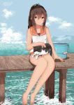  1girl absurdres animal animal_on_lap artist_name barefoot brown_eyes brown_hair bucket cat cat_on_lap dated full_body hair_between_eyes hair_ornament hairclip highres i-401_(kantai_collection) kantai_collection long_hair looking_at_viewer numarinko pier ponytail sailor_collar school_swimsuit sitting smile swimsuit swimsuit_under_clothes tan thighs twitter_username 