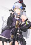  1girl assault_rifle bangs biting black_jacket black_shorts blunt_bangs blush breasts character_name contrapposto cowboy_shot cross_hair_ornament dress expressionless eyebrows_visible_through_hair facial_mark girls_frontline glove_biting gloves green_eyes gun h&amp;k_hk416 hair_ornament hat heckler_&amp;_koch highres hk416_(girls_frontline) holding holding_gun holding_weapon jacket lee_seok_ho long_hair long_sleeves looking_at_viewer medium_breasts military military_uniform mini_hat mod3_(girls_frontline) name_tag open_clothes open_jacket purple_shirt rifle shirt short_shorts shorts sidelocks silver_hair sleeveless sleeveless_dress solo standing teardrop thighs two-tone_background uniform very_long_hair weapon white_gloves 