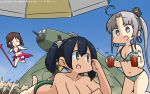  3girls ahoge aircraft airplane akitsushima_(kantai_collection) beach_umbrella bikini blue_eyes blue_hair blue_sky bow breasts brown_hair cleavage closed_eyes commentary cosplay dated day drill_hair drink fate/grand_order fate_(series) gae_bolg gradient_sky green_bikini grey_eyes grey_hair hair_bow hamu_koutarou harukaze_(kantai_collection) hat highres kantai_collection large_breasts long_hair lying medium_breasts mini_hat multiple_girls nishikitaitei-chan noto_mamiko on_stomach open_mouth out-of-frame_censoring outdoors pink_bikini pink_sarong polka_dot polka_dot_bikini red_bow sarong scathach_(fate)_(all) scathach_(fate/grand_order) scathach_(swimsuit_assassin)_(fate) scathach_(swimsuit_assassin)_(fate)_(cosplay) seiyuu_connection side_ponytail sidelocks sky smile souryuu_(kantai_collection) swimsuit topless twin_drills twintails umbrella x_navel 