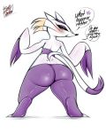  anthro big_butt blush butt dialogue english_text female hi_res looking_at_viewer looking_back mienshao nintendo pok&eacute;mon pok&eacute;mon_(species) rear_view saltyxodium signature simple_background solo text video_games white_background 