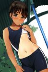  1girl absurdres bangs bare_arms bare_shoulders black_hair black_shorts black_tank_top blush brown_eyes closed_mouth collarbone crop_top day dutch_angle eyebrows_visible_through_hair hair_bun head_tilt highres lifted_by_self looking_at_viewer matsunaga_kouyou midriff navel nose_blush original outdoors short_shorts shorts smile solo sweat tan tank_top tank_top_lift white_background 