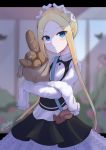  1girl abigail_williams_(fate/grand_order) absurdres baguette bangs black_dress blonde_hair blue_eyes blurry blurry_background blush bread butterfly_hair_ornament closed_mouth commentary_request depth_of_field dress eyebrows_visible_through_hair fate/grand_order fate_(series) food forehead hair_ornament heroic_spirit_festival_outfit highres ichikawayan keyhole long_hair long_sleeves object_hug parted_bangs shirt sidelocks signature sleeveless sleeveless_dress sleeves_past_fingers sleeves_past_wrists smile solo stuffed_animal stuffed_toy teddy_bear twitter_username very_long_hair white_shirt 