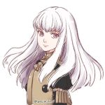  1girl bangs blush epaulettes fire_emblem fire_emblem:_three_houses insarability jacket long_hair long_sleeves looking_at_viewer lysithea_von_ordelia open_mouth pink_eyes purple_eyes simple_background smile solo uniform upper_body white_background white_hair 