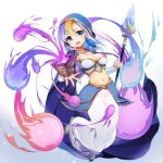  1girl :d absurdres airmisuzu armor blonde_hair blue_eyes blue_hair boots box breastplate breasts cleavage cloak commentary_request crop_top faulds hearthstone highres holding holding_staff hood jaina_proudmoore long_hair long_skirt looking_at_viewer magic medium_breasts midriff multicolored_hair navel open_mouth skirt smile solo staff two-tone_hair v-shaped_eyebrows white_skirt 