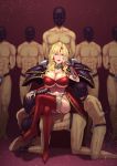  1girl 6+boys blonde_hair blue_eyes boots breasts dominatrix heizou_nagamatsu highres huge_breasts langrisser long_hair multiple_boys thigh_boots thighhighs 
