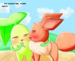  ? all_fours ambiguous_gender blush chest_tuft chibi chikorita cloud duo ears_back eevee feral fluffy fluffy_tail nintendo pivoted_ears pizzle pok&eacute;mon pok&eacute;mon_(species) red_eyes sky text translation_request tuft video_games vines 