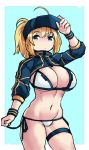  1girl absurdres ahoge artoria_pendragon_(all) baseball_cap bikini blonde_hair blue_eyes blue_headwear blue_jacket breasts cleavage commentary cropped_jacket english_commentary fate/grand_order fate_(series) hair_between_eyes hair_through_headwear hat highres huge_breasts jacket mysterious_heroine_xx_(foreigner) navel ponytail shrug_(clothing) side-tie_bikini solo swimsuit thigh_strap twinmyniad underboob untying white_bikini wristband zana zipper_pull_tab 