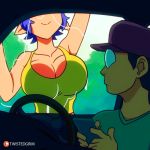  1:1 2019 2d_animation animated bathing big_breasts blue_hair breast_squish breasts car car_wash car_window cellphone cleavage clothed clothing elf emi_(character) female hair hat headgear headwear human humanoid humanoid_pointy_ears low_res mammal not_furry on_glass phone shirt smile squish topwear twistedgrimtv vehicle water window 