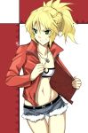  1girl absurdres belt black_belt blonde_hair braid breasts cleavage collarbone commentary_request eudetenis eyebrows_visible_through_hair fate/apocrypha fate_(series) fur_trim green_eyes grin hair_between_eyes highres jacket jewelry long_hair long_sleeves looking_at_viewer mordred_(fate) mordred_(fate)_(all) navel necklace ponytail red_background red_jacket short_shorts shorts smile solo two-tone_background white_background 