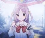  &gt;:) 1girl bangs blurry blurry_background blush bow boyano brown_eyes closed_mouth collared_shirt day depth_of_field hair_ornament holding holding_umbrella lamppost long_hair long_sleeves magia_record:_mahou_shoujo_madoka_magica_gaiden mahou_shoujo_madoka_magica misono_karin outdoors parted_bangs print_umbrella purple_hair purple_umbrella rain red_bow shirt short_over_long_sleeves short_sleeves smile solo star star_hair_ornament star_print two_side_up umbrella upper_body v-shaped_eyebrows white_shirt 