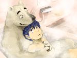  2017 4:3 anthro bath bathroom bathtub blue_hair cuddling duo fur hair hand_on_chest human inside kotori male male/male mammal nude one_eye_closed polar_bear sitting snout steam ursid ursine white_fur white_skin 