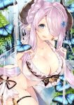  1girl 218 :d animal arched_back bangs bikini blush braid breasts bug butterfly butterfly_earrings cleavage collarbone commentary_request curled_horns draph earrings fingernails frilled_bikini_top frills granblue_fantasy grey_eyes hair_ornament hair_over_one_eye hands_up horns insect jewelry large_breasts leaning_forward narmaya_(granblue_fantasy) navel open_mouth pointy_ears purple_hair side-tie_bikini skindentation smile solo swimsuit thigh_strap water white_bikini 