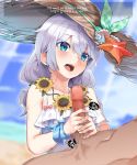  1boy 1girl bangs blue_eyes blue_sky blush censored commentary_request day dress english_text erection eyebrows_visible_through_hair flower gimnang hair_between_eyes handjob hat hat_ornament hat_ribbon highres honkai_(series) honkai_impact_3rd korean_text long_hair low_ponytail mosaic_censoring open_mouth outdoors penis ribbon sidelocks silver_hair sky solo_focus starfish straw_hat sunflower theresa_apocalypse wristband 