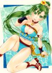  1girl alternate_costume alto2019 aqua_bikini arm_warmers armband asymmetrical_bangs bangs bare_legs bare_shoulders bikini blue_bikini blush breasts brown_footwear choker cleavage collarbone earrings embarrassed fire_emblem fire_emblem:_the_blazing_blade fire_emblem_heroes flower green_eyes green_hair hair_between_eyes hair_flower hair_ornament hibiscus jewelry long_hair looking_at_viewer lyn_(fire_emblem) marker_(medium) medium_breasts midriff navel open_mouth parted_bangs ponytail sample sandals seashell_necklace solo swimsuit thighs traditional_media water 