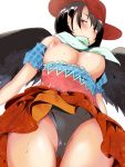  1girl ass_visible_through_thighs bangs bare_shoulders black_hair black_panties black_wings blue_shirt blush breasts commentary_request cowboy_hat cowboy_shot feathered_wings from_below green_scarf hat hekiga_(freelot) highres kurokoma_saki large_breasts looking_at_viewer miniskirt nipples off-shoulder_shirt off_shoulder panties pink_sash plaid plaid_shirt plaid_skirt puffy_short_sleeves puffy_sleeves red_eyes red_headwear red_skirt sash scarf shirt short_hair short_sleeves simple_background skirt solo standing sweat thighs touhou underwear white_background wings 