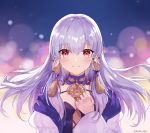  1girl blush breasts cleavage closed_mouth commentary_request double_bun dress eyebrows_visible_through_hair fire_emblem fire_emblem:_three_houses floating_hair hair_between_eyes hair_ornament hand_on_own_chest highres jewelry long_hair looking_at_viewer lysithea_von_ordelia necklace oenothera older pink_eyes ring small_breasts smile solo twitter_username white_hair 