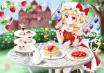  1girl arm_up blonde_hair blue_sky blurry cake chair commentary_request cookie cream_puff cup day depth_of_field doughnut elbows_on_table expressionless eyebrows_visible_through_hair feet_out_of_frame flandre_scarlet flower food food_themed_hair_ornament fruit grass hair_flower hair_ornament hat hat_ribbon head_tilt hedge_(plant) holding holding_food holding_fruit ice_cream looking_at_viewer macaron mob_cap neck_ribbon nyanyanoruru outdoors pancake parfait parted_lips petals petticoat red_eyes red_skirt red_vest ribbon sash saucer scarlet_devil_mansion shirt short_hair side_ponytail sitting skirt sky slice_of_cake solo strawberry strawberry_blossoms strawberry_hair_ornament sundae table tart_(food) teacup teapot tiered_tray touhou tree vest white_headwear white_shirt wrist_cuffs x_hair_ornament yellow_neckwear 