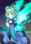  1girl 223_(pixiv332210012) absurdres animal_print aura bangs bare_shoulders black_background blue_dress blush brooch butterfly_print butterfly_wings closed_mouth detached_sleeves double_bun dress feet_out_of_frame flat_chest green_hair hair_ornament highres hololive jewelry looking_at_viewer red_eyes short_hair skull_collar skull_hair_ornament smile solo uruha_rushia virtual_youtuber wide_sleeves wings 