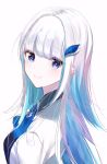  1girl bangs blue_hair blue_neckwear blunt_bangs blush closed_mouth hair_ornament hairclip highres lize_helesta looking_at_viewer misumi_(macaroni) multicolored_hair nijisanji purple_eyes shirt simple_background smile solo upper_body virtual_youtuber white_background white_hair white_shirt 