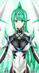  1girl armor bangs blush breasts earrings elbow_gloves gem gloves green_eyes green_hair hair_ornament headpiece highres hisin jewelry large_breasts long_hair looking_at_viewer mechanical_wings pneuma_(xenoblade_2) ponytail pose shoulder_armor simple_background smile solo spoilers swept_bangs thigh_strap tiara very_long_hair white_background wings xenoblade_(series) xenoblade_2 