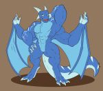  3_toes anthro bat_wings big_muscles blue_skin digitigrade dragon featureless_crotch happy hi_res horn invalid_tag membrane_(anatomy) membranous_wings multi_arm multi_limb muscular pinup pose scalie standing terlix toes undeadkitty13 western_dragon winged_arms wings 