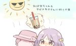  2girls blush boyano brown_eyes bubble_tea chibi closed_mouth cup disposable_cup drinking_straw hair_ornament hat magia_record:_mahou_shoujo_madoka_magica_gaiden mahou_shoujo_madoka_magica misono_karin multiple_girls nose_blush pink_headwear purple_hair smile sparkle star star_hair_ornament sun sunglasses sweat translation_request two_side_up 