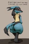  2019 anthro backsack balls black_fur blacktail_(theandymac) blue_fur butt dialogue digital_media_(artwork) dipstick_ears dipstick_tail ears_down embarrassed fur hi_res looking_at_viewer lucario male multicolored_ears multicolored_tail nintendo pivoted_ears pok&eacute;mon pok&eacute;mon_(species) rear_view red_eyes simple_background solo standing talking_to_viewer tan_fur text theandymac video_games wide_hips 