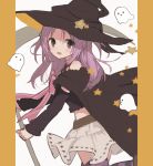  1girl bangs bare_shoulders black_cape black_headwear black_shirt black_sleeves blush bow boyano cape crop_top detached_sleeves eyebrows_visible_through_hair ghost grey_skirt hat holding long_hair long_sleeves looking_at_viewer looking_to_the_side magia_record:_mahou_shoujo_madoka_magica_gaiden mahou_shoujo_madoka_magica midriff misono_karin open_mouth parted_bangs pink_bow print_skirt purple_hair red_eyes shirt skirt solo standing standing_on_one_leg star star_print striped striped_legwear thighhighs two_side_up witch_hat 