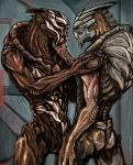  alien blue_tongue butt duo eye_contact garrus_vakarian hand_on_cheek hand_on_shoulder looking_at_another male male/male mass_effect muscular muscular_male nihlus_kryik nude open_mouth silvermittt standing tongue tongue_out turian video_games 