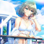  1girl arm_up artist_name bangle bangs bikini blonde_hair blue_eyes bracelet breasts choker cleavage cloud column commentary_request earrings eyebrows_visible_through_hair feet_out_of_frame front-tie_bikini front-tie_top green_eyes green_hair hair_between_eyes hand_in_hair heterochromia highres idolmaster idolmaster_cinderella_girls infinote jewelry leaning_on_rail lips looking_to_the_side medium_breasts mole mole_under_eye navel necklace nose outdoors palm_tree parted_lips pillar short_hair signature sky solo sunlight swimsuit takagaki_kaede tree white_bikini 