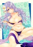  1girl alternate_costume alto2019 bare_legs barefoot bikini breast_hold breasts camilla_(fire_emblem) cleavage collarbone fire_emblem fire_emblem_fates fire_emblem_heroes flower groin hair_flower hair_ornament hair_over_one_eye hibiscus large_breasts lavender_eyes lavender_hair lips long_hair looking_at_viewer marker_(medium) midriff navel o-ring o-ring_bikini purple_bikini sample sash smile solo swimsuit thighs traditional_media undressing untied untied_bikini water wavy_hair 