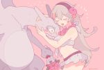  1girl animal bikini bouquet breasts charizard corrin_(fire_emblem) corrin_(fire_emblem)_(female) embarrassed fire_emblem fire_emblem_fates flower gen_1_pokemon highres holding holding_bouquet large_breasts long_hair open_mouth pink_background pokemon pokemon_(creature) rose shy silver_hair simple_background skirt super_smash_bros. swimsuit very_long_hair yasaikakiage 