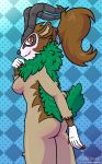  11natrium 2019 absurd_res anthro bovid breasts butt butt_pose caprine digital_media_(artwork) female fur goat gogoat hair hi_res horn leaf looking_at_viewer looking_back mammal nintendo nude pok&eacute;mon pok&eacute;mon_(species) rear_view simple_background smile solo video_games 