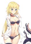  1girl artist_name bikini black_bikini blonde_hair blue_eyes blush breasts eyebrows_visible_through_hair fate/apocrypha fate_(series) frills highres jacket jeanne_d&#039;arc_(fate) jeanne_d&#039;arc_(fate)_(all) jeanne_d&#039;arc_(swimsuit_archer) large_breasts long_hair looking_at_viewer navel nervous sdustz solo sweat swimsuit tentacles thigh_strap very_long_hair 