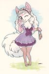  2015 4_toes anthro biped bracelet canid canine chibi clothed clothing dress female fox front_view fur hair hi_res iko jewelry legwear mammal one_eye_closed pink_fur purse simple_background solo standing stockings toes traditional_media_(artwork) wink 