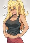  1girl armpits banned_artist blonde_hair breasts cleavage danberu_nan_kiro_moteru? fate_(series) green_eyes grey_background hair_between_eyes kkamja long_hair red_shorts sakura_hibiki_(danberu_nan_kiro_moteru?) shorts solo tan tank_top twintails 