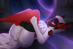  black_fur blush female fluffy fur futuristic hi_res kirara_(artist) lying machine noisy_(character) on_back presenting protogen pussy red_fur robot science_fiction solo space star white_fur window 