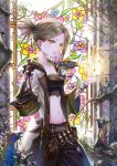  1girl belt belt_pouch black_pants bracelet breasts brown_hair cleavage day earrings fantasy glowing hair_ornament hairclip highres jewelry medium_breasts midriff original pants plant pouch ring sho_(sumika) solo stained_glass standing tapir vines wide_sleeves window yellow_eyes 