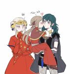  3girls blush brown_hair byleth_(fire_emblem) byleth_(fire_emblem)_(female) cheek_kiss chuuum_m closed_eyes dress dual_persona edelgard_von_hresvelg fire_emblem fire_emblem:_three_houses gloves green_hair kiss looking_at_another multiple_girls red_dress red_gloves short_shorts shorts silver_hair simple_background smile standing tiara time_paradox younger yuri 