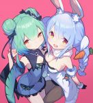  2girls animal_ear_fluff animal_ears animal_print asymmetrical_docking bangs bare_shoulders black_bow black_gloves blue_dress blue_hair bow braid breast_press breasts brooch bunny_ears bunny_girl bunnysuit butterfly_print carrot carrot_hair_ornament cleavage cowboy_shot detached_sleeves double_bun dress extra_ears eyebrows_visible_through_hair flat_chest food_themed_hair_ornament from_above gloves green_hair hair_bow hair_ornament highres hololive jewelry long_hair looking_at_viewer medium_breasts medium_hair multiple_girls red_background red_eyes scarf simple_background skull_collar skull_hair_ornament sleeveless tewo_(tewowet) thighs twin_braids uruha_rushia usada_pekora virtual_youtuber white_coat white_hair 