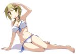  1girl armpits barefoot bikini blonde_hair blush breasts cleavage collarbone eyebrows_visible_through_hair groin ichii_yui large_breasts looking_at_viewer navel open_mouth riki_(archf) shiny shiny_hair short_hair short_twintails side-tie_bikini simple_background solo swimsuit swimwear twintails white_background white_bikini yellow_eyes yuyushiki 