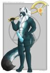  anarchyontoast anthro biped blue_penis canid canine canis dire_wolf erection felid hi_res holding_object holding_weapon knot lion male mammal muscular nude pantherine penis solo tag weapon 