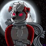  1:1 animated anthro clothing fur glowing glowing_eyes hair looking_at_viewer lycanroc male midnight_lycanroc moon night nintendo outside pok&eacute;mon pok&eacute;mon_(species) pok&eacute;mon_mystery_dungeon red_eyes red_fur rook_wolfspirit scarf siek simple_background solo video_games white_hair 