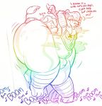  2018 anthro balls between_butt boot_(artist) butt canid canine clothing digital_media_(artwork) duo felid hair lion looking_back male mammal music open_mouth pantherine penis simple_background smile speech_bubble squish standing super_gay text thick_thighs voluptuous wide_hips 